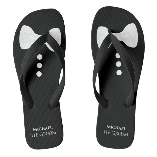 The Groom. Fun White Bow Tie & Buttons Wedding Thongs (Footbed)