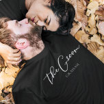 The Groom Personalised Chic Modern Bachelor Party T-Shirt<br><div class="desc">This chic,  simple groom black t-shirt features your name underneath elegant white typography reading The Groom. Customise these elegant,  modern bridal tees for your wedding events or bachelor party.</div>