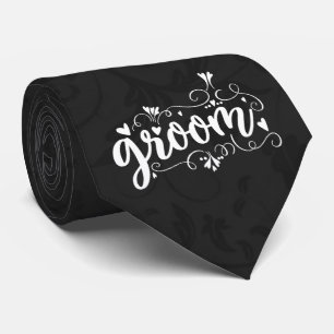The Groom White Script Text on Charcoal Black Tie