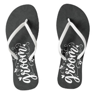The Groom White Script Typography on Black Thongs