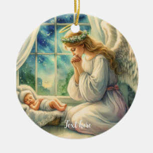 the guardian angel prays by the baby's cradle ceramic ornament