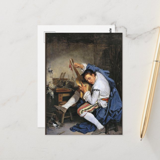 The Guitarist, fine art by Jean-Baptiste Greuze, Postcard (Front/Back In Situ)