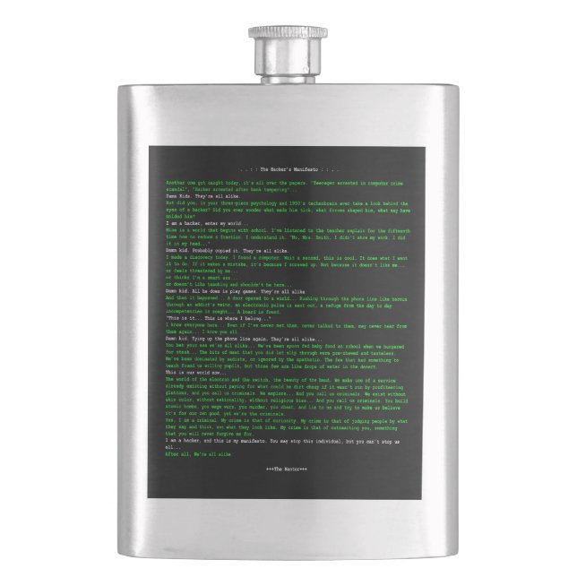 The Hacker's Manifesto Hip Flask (Front)
