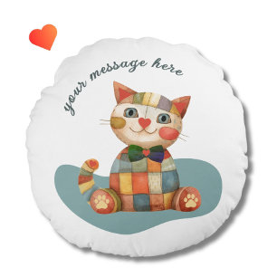 The Happy Cat Colourful Patchwork Unique Round Cushion