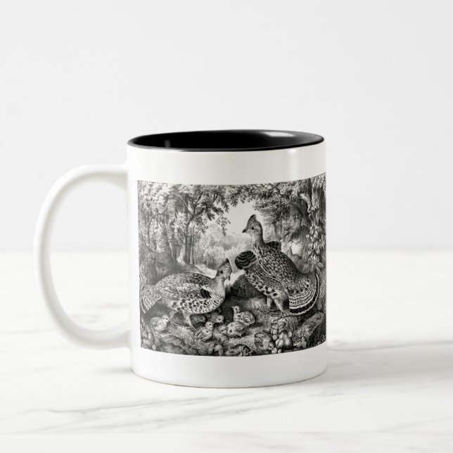 The Happy Family - Ruffed Grouse and Young - 1866. Two-Tone Coffee Mug (Left)