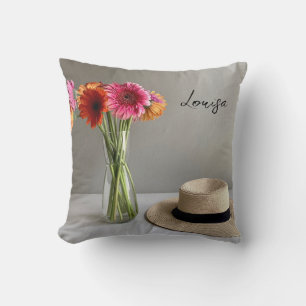 The Happy Gerbera Colorful Flower +Custom Name Cushion