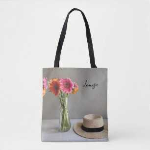 The Happy Gerbera Colorful Flower +Custom Name Tote Bag