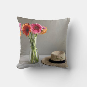 The Happy Gerbera Colourful Flower +Custom Name Cushion