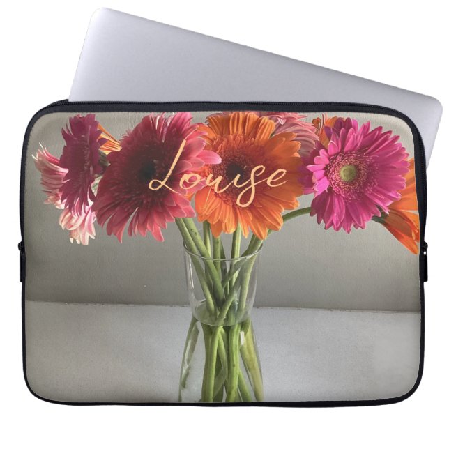 The Happy Gerbera Colourful Flower +Custom Name Laptop Sleeve (Front)
