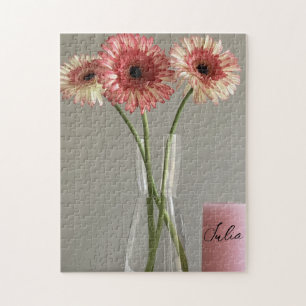 The Happy Gerbera Pink Flower Photo +Custom Name Jigsaw Puzzle
