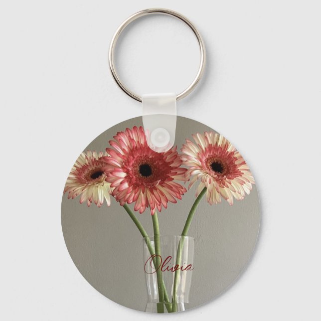 The Happy Gerbera Pink Flower Photo +Custom Name Key Ring (Front)