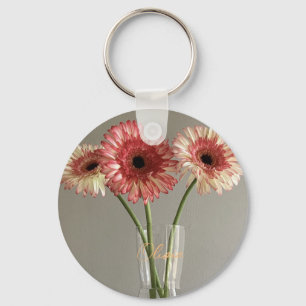 The Happy Gerbera Pink Flower Photo +Custom Name Key Ring