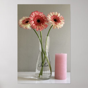 The Happy Gerbera Pink Flower Photo +Custom Name Poster