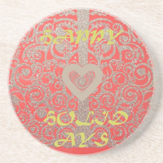 The Happy Holidays Heart Red and Gold Collection Coaster (Front)