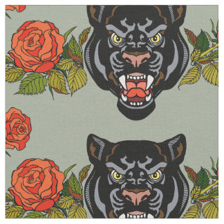 The head of a black panther and blooming roses fabric
