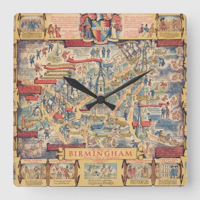 The Heart of Birmingham, England Map Square Wall Clock (Front)