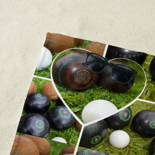 The Heart of Lawn Bowls: A Vintage Photo Collage Beach Towel