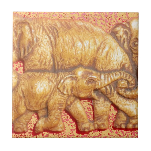 The Heart of the Herd: Elephant Family Portrait Ceramic Tile (Front)