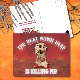 The Heat Down Here Melting Skull Halloween Holiday Postcard