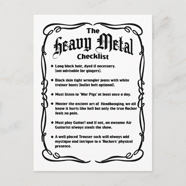 The Heavy Metal Checklist Postcard (Front)