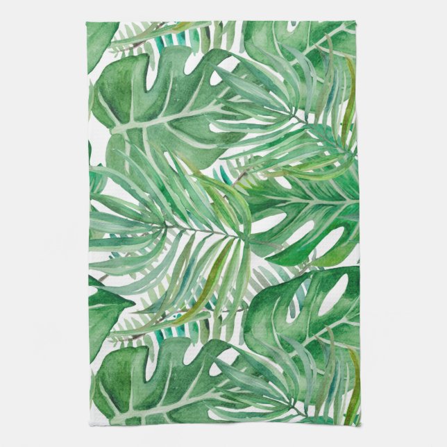 The huge leaves of palm trees and monstera tea towel (Vertical)