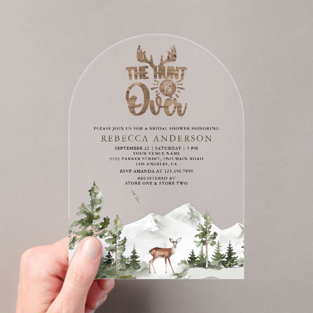 The Hunt is Over Forest Deer Bridal Shower Acrylic Invitations (Insitu (Handheld))