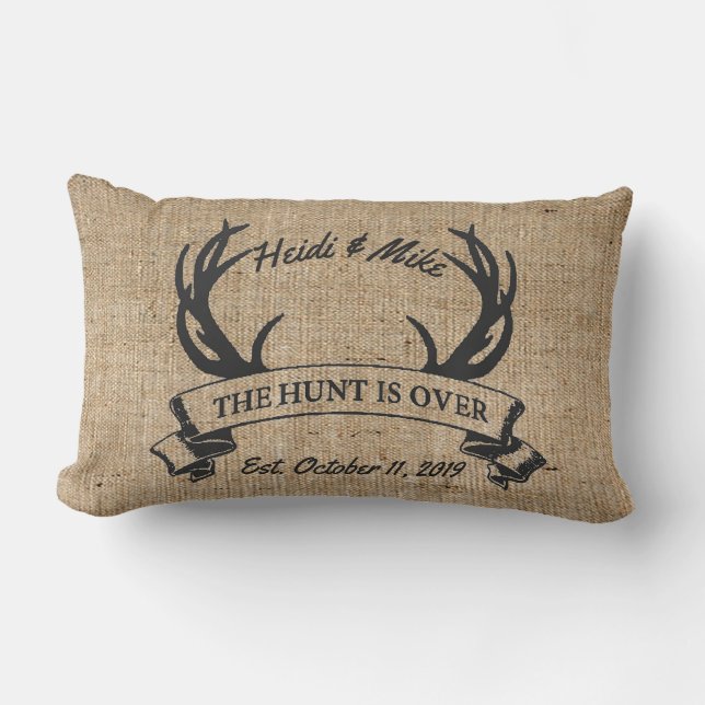 "The Hunt is Over" Rustic Antler Custom Wedding Lumbar Cushion (Front)