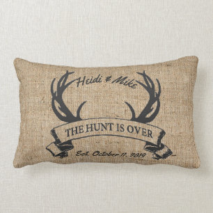 "The Hunt is Over" Rustic Antler Custom Wedding Lumbar Cushion