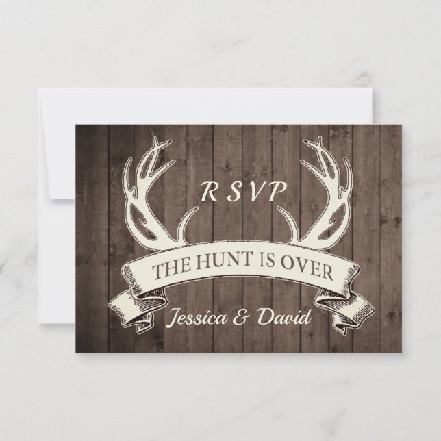 The Hunt is Over Rustic Barnwood Wedding RSVP (Front)