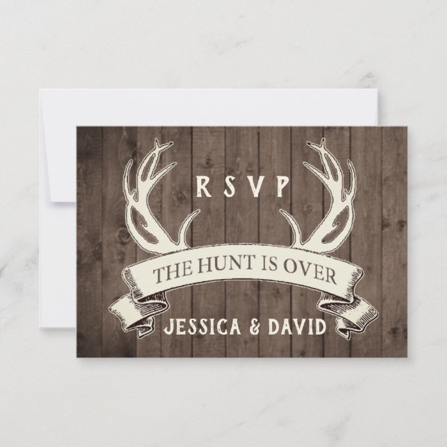 The Hunt is Over Rustic Barnwood Wedding RSVP Card (Front)