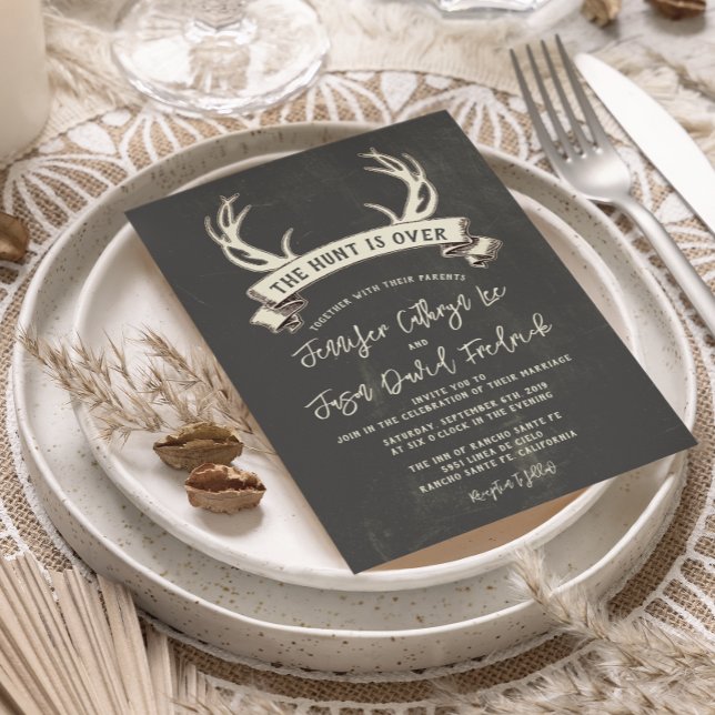 "The Hunt is Over" Rustic Chalkboard Wedding Invitation (Creator Uploaded)