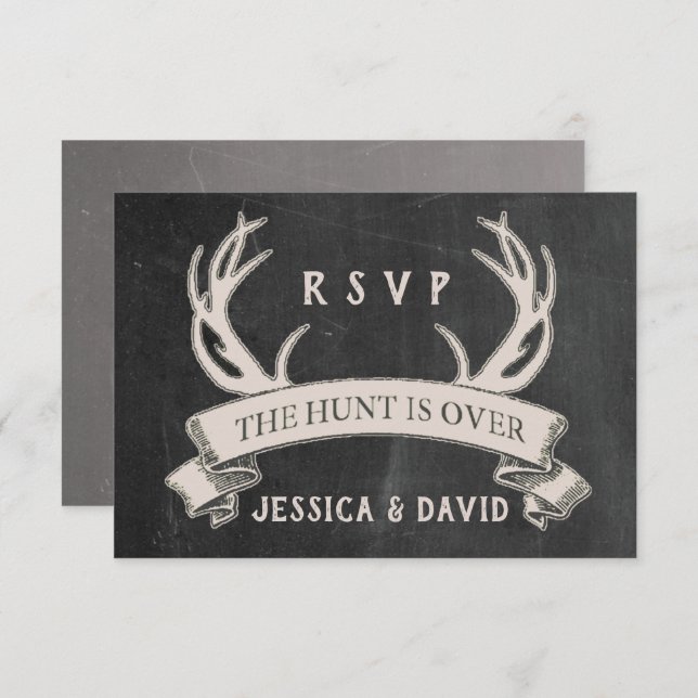 The Hunt is Over Rustic Chalkboard Wedding RSVP (Front/Back)