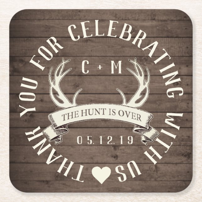 The Hunt is Over Wedding Favour Personalised Square Paper Coaster (Front)