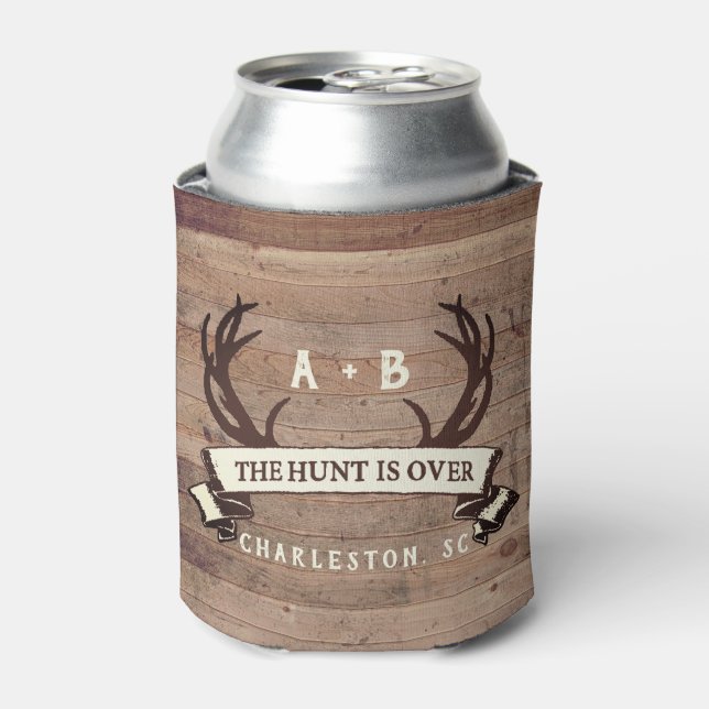 The Hunt's Over Custom Rustic Antler Wedding Favou Can Cooler (Can Front)