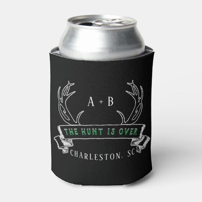 The Hunt's Over Custom Rustic Antler Wedding Favou Can Cooler (Can Front)