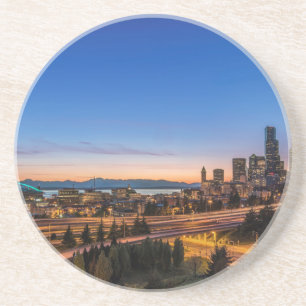 The I-5 freeway and downtown Seattle at twilight Coaster