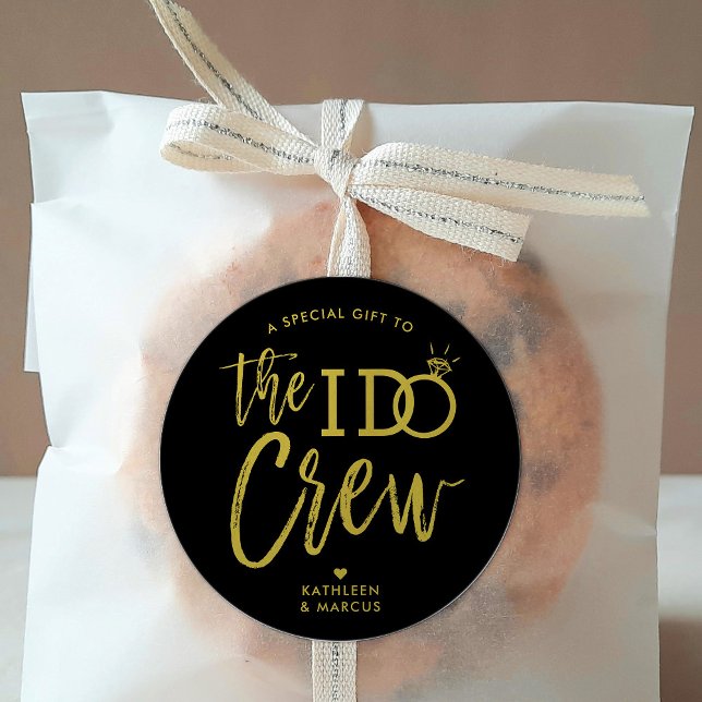 The I Do Crew | Wedding Party Favour Gold | Black Classic Round Sticker (Creator Uploaded)