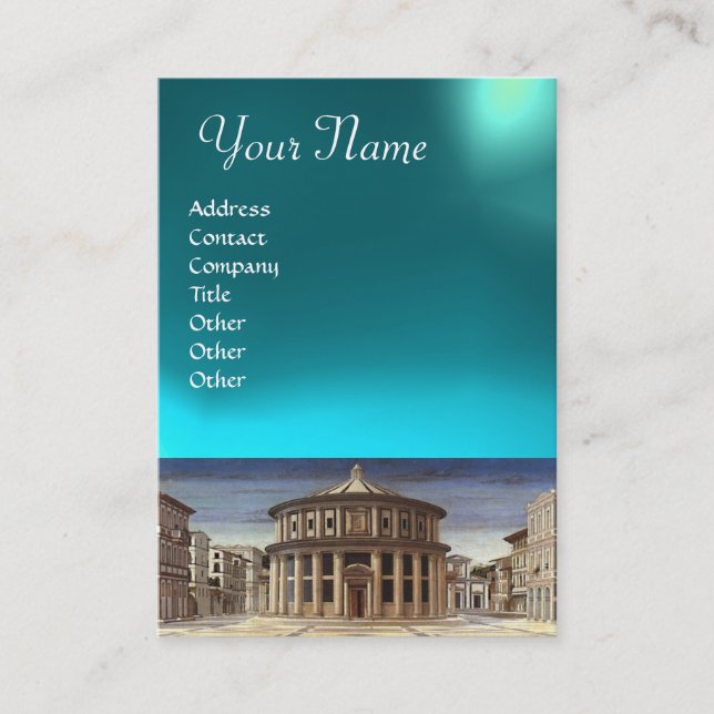 THE IDEAL CITY,bright  aquamarine blue Business Card (Front)