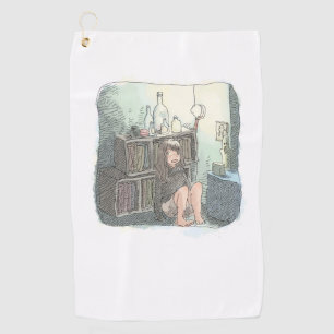 The illustration of a barefoot woman sitting by a golf towel