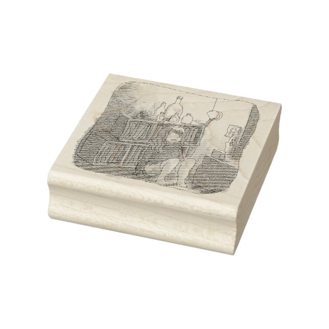 The illustration of a barefoot woman sitting by a  rubber stamp (Stamp)