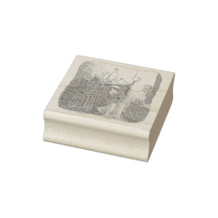 The illustration of a barefoot woman sitting by a  rubber stamp