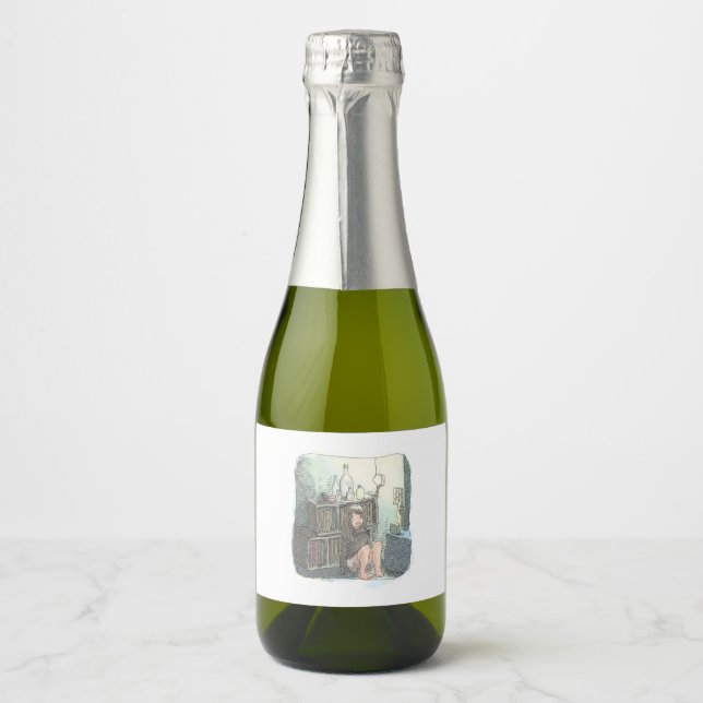 The illustration of a barefoot woman sitting by a  sparkling wine label (Front)