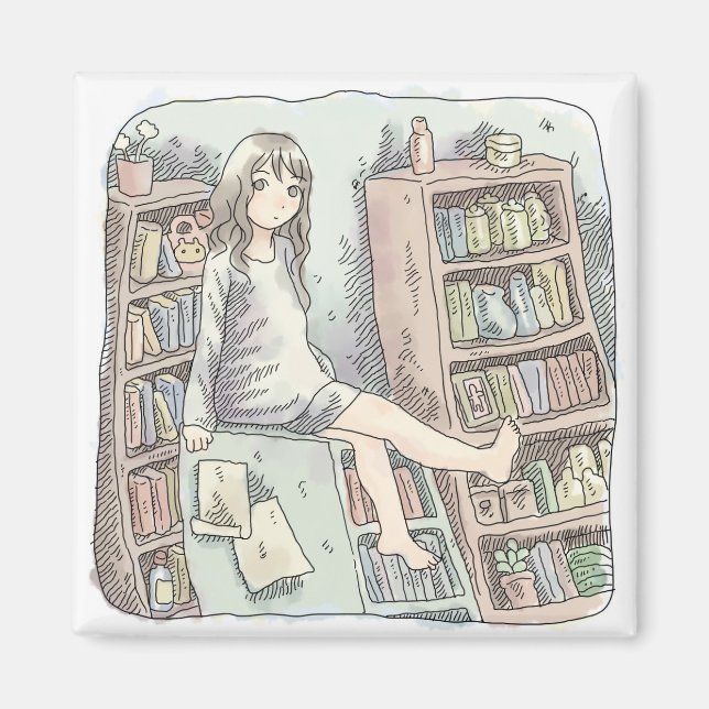 The illustration of a barefoot woman sitting on on magnet (Front)