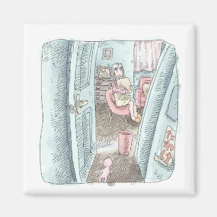 The illustration of a woman sitting behind a room magnet