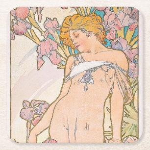 The Iris (1897) by Alphonse Mucha Square Paper Coaster