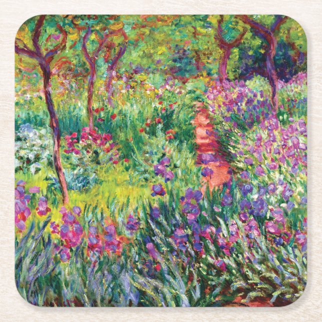 The Iris Garden by Claude Monet Square Paper Coaster (Front)
