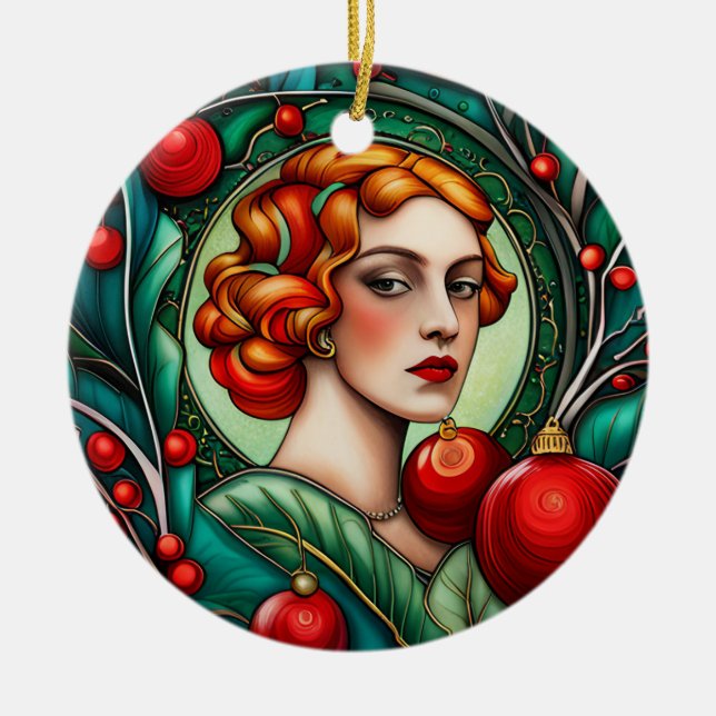 The Jolly Redhead: Baubles & Tree  Ceramic Ornament (Front)