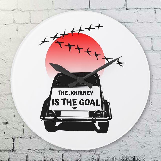 The journey is the goal Sunset - oldtimer 2CV  Large Clock (2CV Clock in White with a Red Sunset and Birds Illustration)
