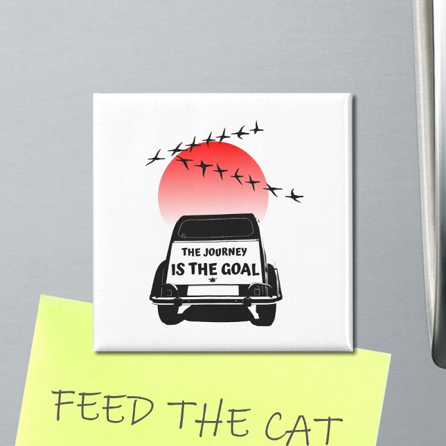 The journey is the goal Sunset - oldtimer 2CV Magnet (2CV Magnet in White with a Red Sunset and Birds Illustration)