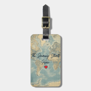 "The journey starts here '" vintage map Luggage Tag